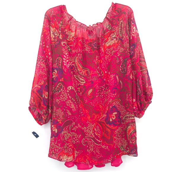 Chaps NWOT paisley chiffon peasent top Size XL red pink w/ tank top Boho peasant - Picture 8 of 10